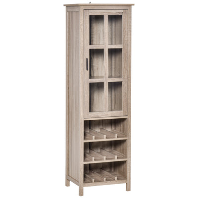 Tall Wine Cabinet, Bar Display Cupboard with 12-Bottle Wine Rack, Glass Door and 3 Storage Compartment for Living Room, Home Bar, Grey Oak
