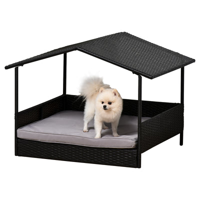 Wicker Dog House Elevated Raised Rattan Bed for Indoor/Outdoor with Removable Cushion Lounge, Grey