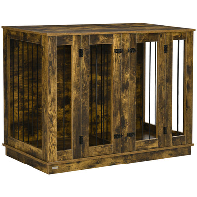 Large Furniture Style Dog Crate with Removable Panel, End Table with Two Rooms Design and Two Front Doors, Rustic Brown, 47