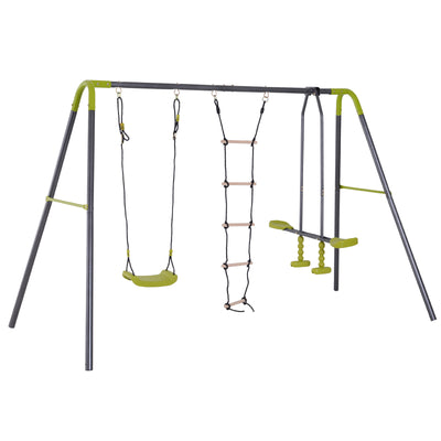 3 in 1 Kids Swing Set Double Face to Face Swing Chair & Glider Set Climbing Ladder Outdoor Heavy Duty Metal Swing Set for Backyard Playground