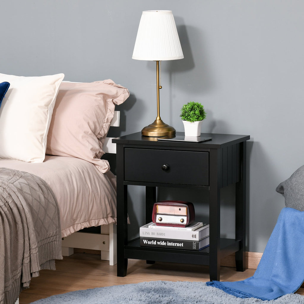 Modern Style Bedside End Table with Drawer and Storage Shelf for Bedroom, or Living Room, Black