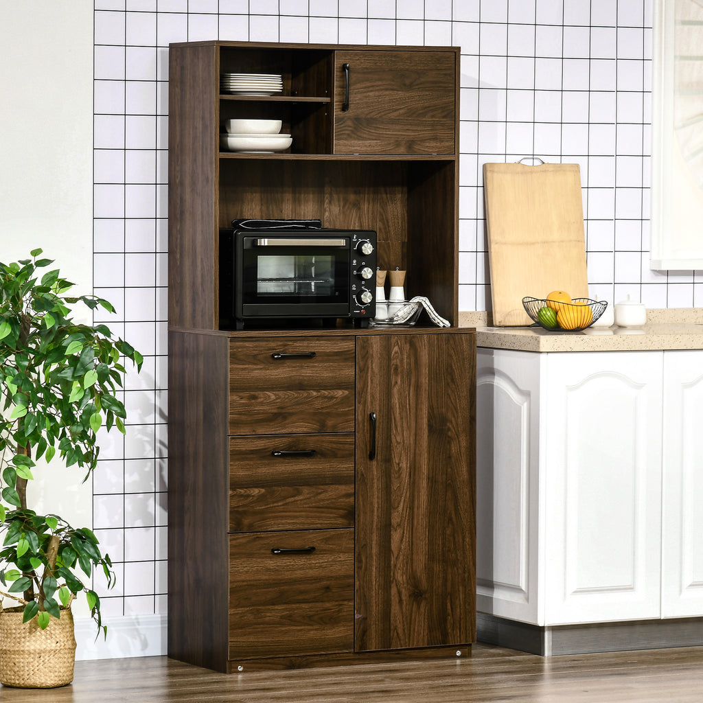 70" Buffet Hutch with 3 Drawers, Kitchen Pantry with Sliding Door, Large Cabinet and Adjustable Shelves, Walnut