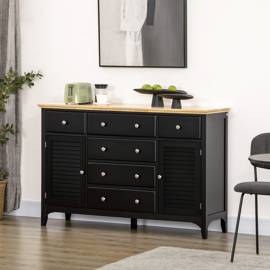 Modern Sideboard with Drawers, Buffet Cabinet with Storage Cabinets, Rubberwood Top and Adjustable Shelves for Living Room, Kitchen, Black