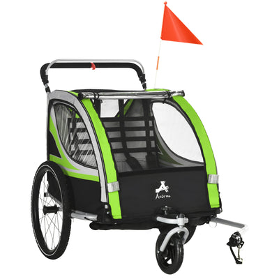 Green 2-in-1 Child Bike Trailer, Baby Stroller with Brake, Storage Bag, Safety Flag, Reflectors & 5 Point Harness