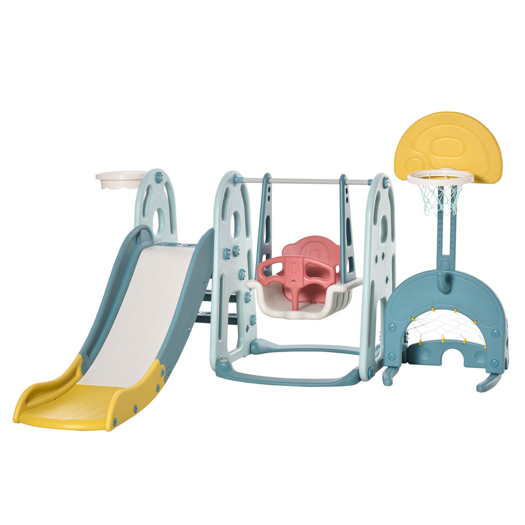 5 in 1 Kids Slide and Swing Set with Basketball Hoop Football Goal Water-fillable Base Toddler Playground Activity Center Indoor Exercise Toy