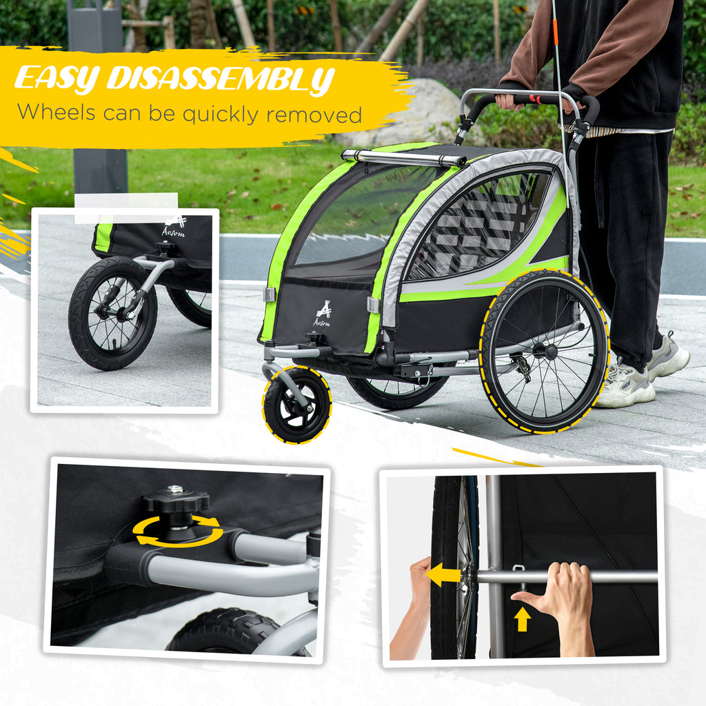Green 3-in-1 Bike Trailer for Kids, Running Stroller with 2 Seats, Jogging Cart with 5-Point Harness, Storage Units