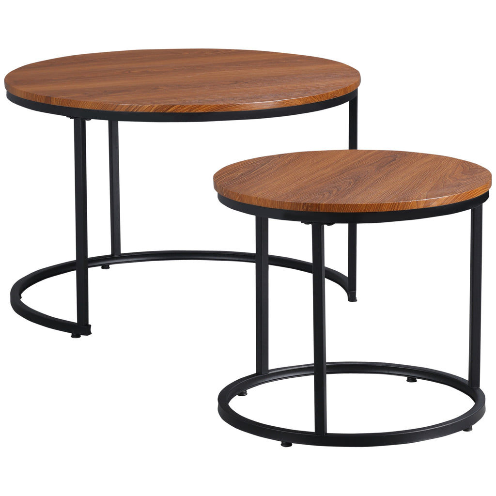 Round Nesting Tables Set of 2, Stacking Coffee Table Set with Metal Frame for Living Room, Dark Walnut