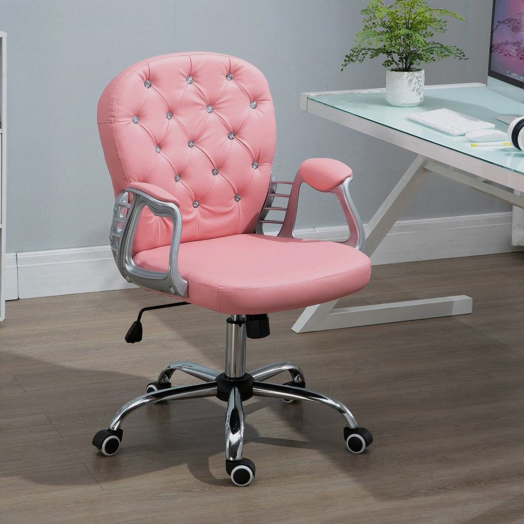 Ergonomic Office Chair Vanity Middle Back Office Chair Tufted Backrest Swivel Roller Task Chair With Height Adjustable And Armrests Pink
