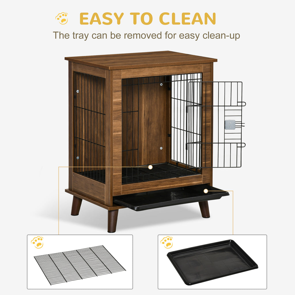 Stylish Dog Kennel, Wooden & Wire End Table Furniture with Cushion & Lockable Magnetic Doors, Small Size Pet Crate Indoor Animal Cage, Brown