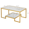 Minimalist Art Deco Coffee Table with Laminate Marble Print Table Top & Underneath Storage Shelf, White & Gold