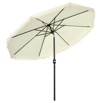 9ft Patio Umbrella with Push Button Tilt and Crank, Outdoor Market Table Umbrella with Fringed Tassles and 8 Ribs, for Garden, Deck, Pool, Cream White