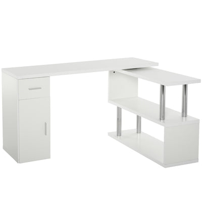 L-Shaped Rotating Computer Desk Home Office Study Workstation with Storage Shelves, Cabinet and Drawer for Home & Office, White