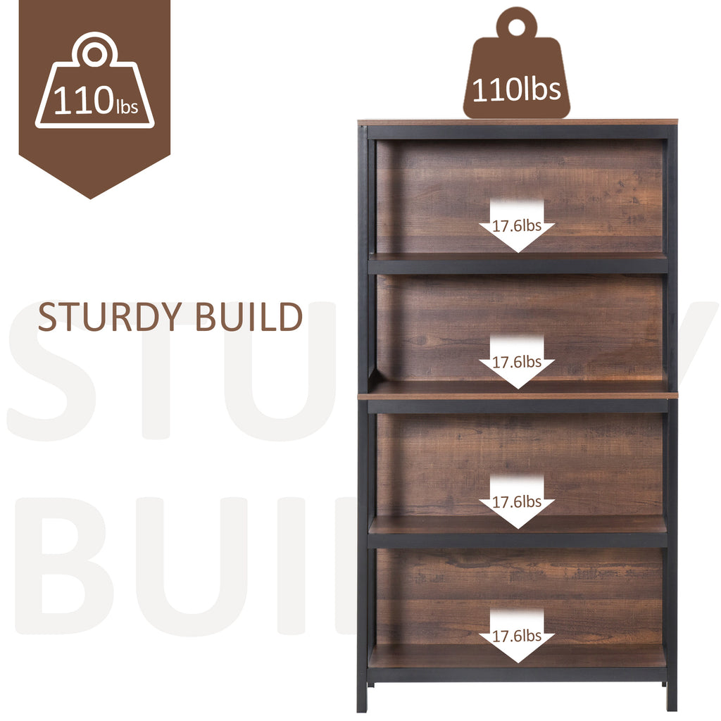 Modern 4 Tier Bookshelf Bookcase Utility Storage Shelf Organizer for Home Study Office with Display Rack  Black/Walnut