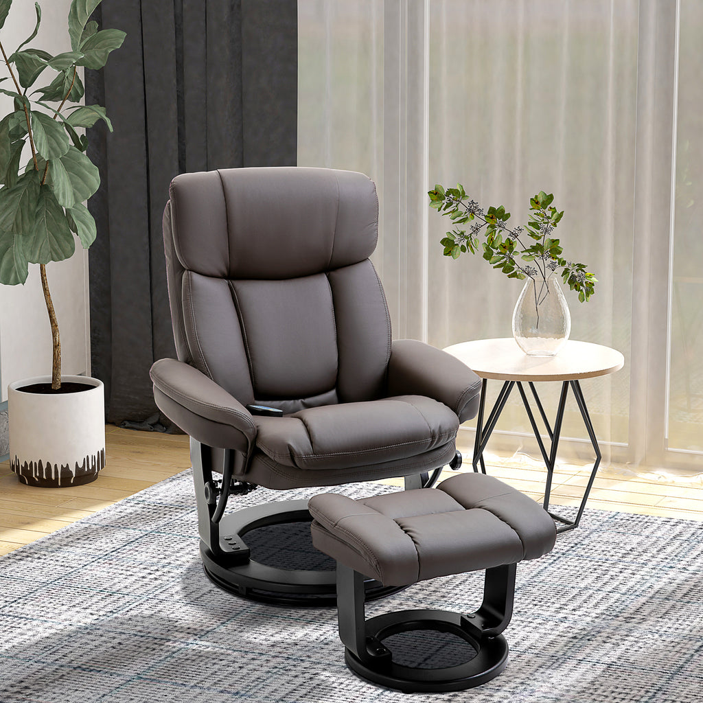 PU Leather Massage Recliner Chair with Ottoman, 10 Point Vibration Swiveling Armchair, Brown