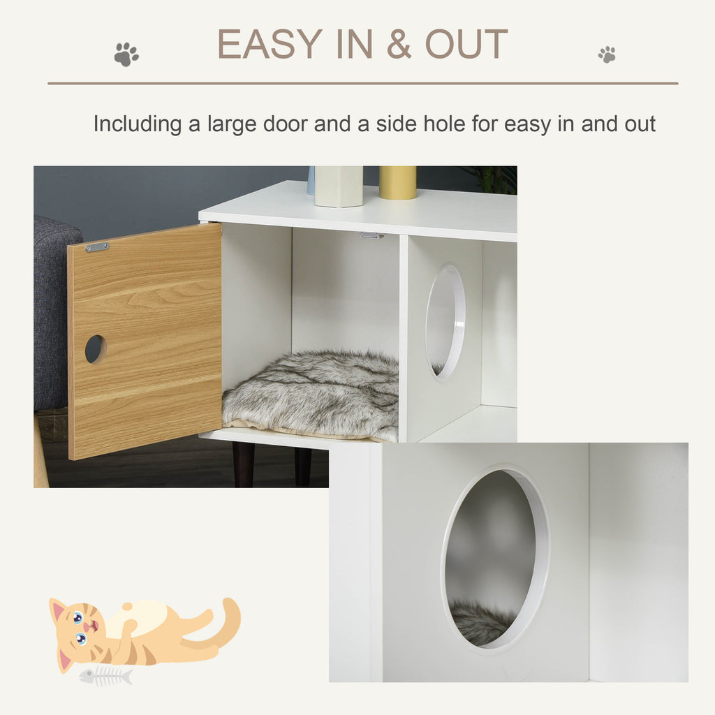 Wooden Cat House Kitty Shelter Bed with Cushion Cat litter box End Table Hideaway Cabinet with Storage White, 29.5" x 15.75" x 22"