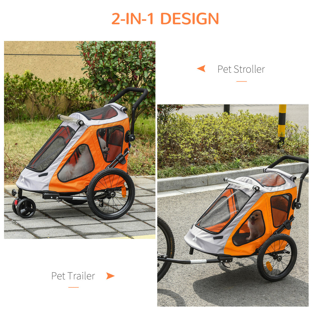 Dog Bike Trailer 2-In-1 Pet Stroller Cart Bicycle Wagon Cargo Carrier with 360 Swivel Wheel Reflectors Parking Brake Straps Cup Holder Orange