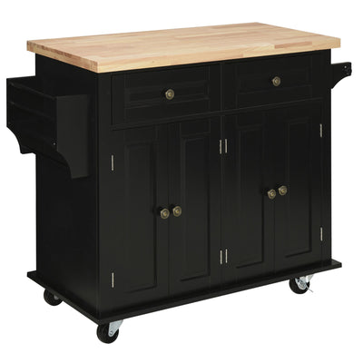 Kitchen Island, Kitchen Cart with Varnished Rubberwood Tabletop, 4 Rolling Casters for Dining Room, Kitchen Island Cart, Black