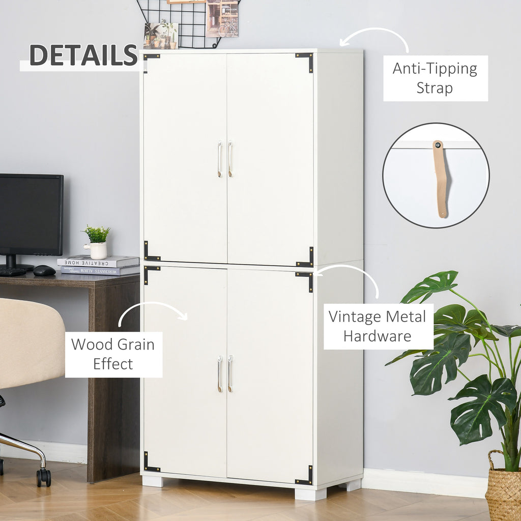 Industrial Style 4-Door Cabinet Pantry Cupboard with Storage Shelves for Bedroom and Living Room, White