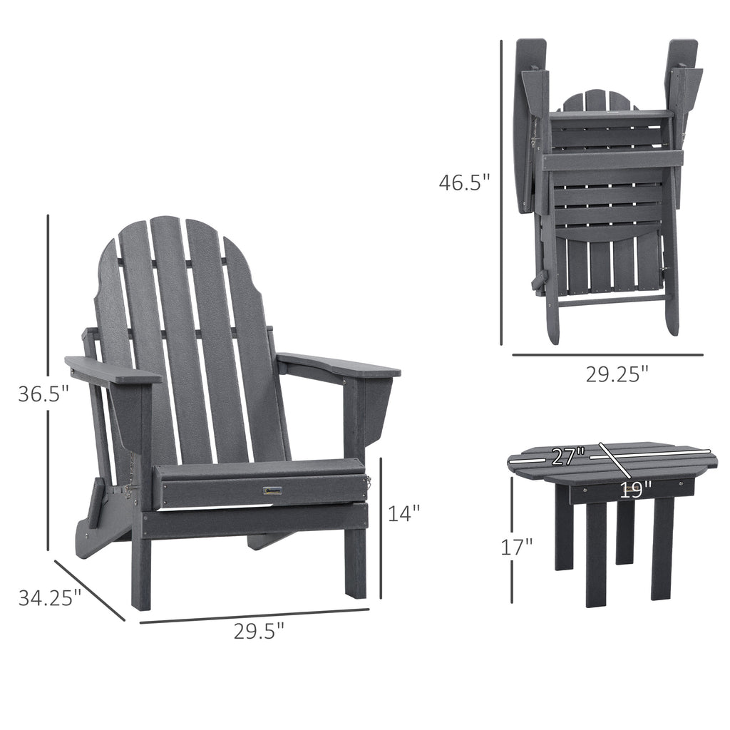 3 Piece Patio Furniture Set, 2 Folding Adirondack Chairs with Side Table Plastic Lounger Fire Pit Seating All Weather, for Lawn,  Dark Grey