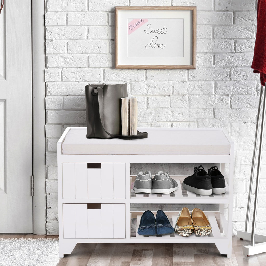 Shoe Cabinet, Wooden Storage Bench with Cushion, Entryway Rack with Drawers, Open Shelves, Country White