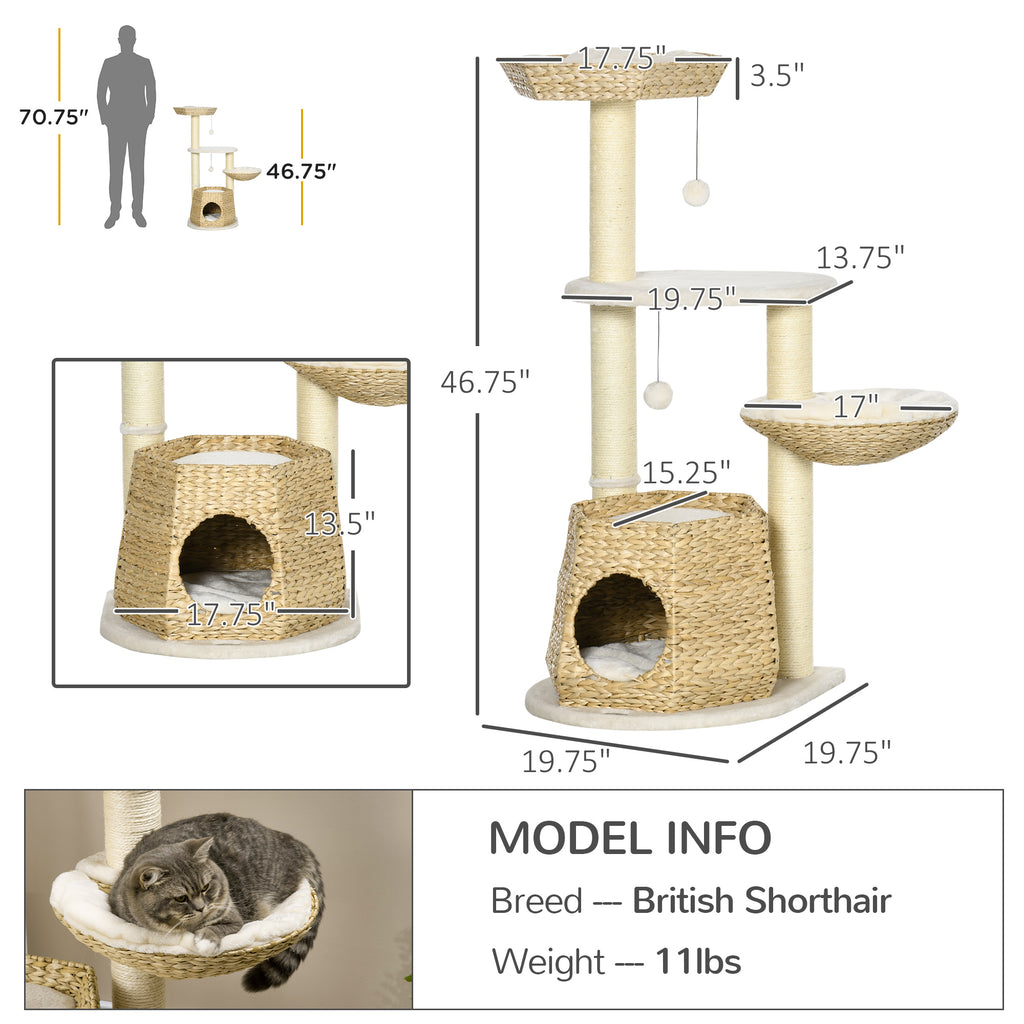 47" Cat Tree Kitty Activity Center, Cat Climbing Toy with Cattail Fluff, Bed, Condo, Sisal Scratching Post, and Hanging Ball, Natural