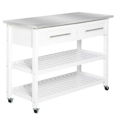 Kitchen Cart on Wheels with Stainless Steel Top, Rolling Kitchen Island Cart with Glass Door, White