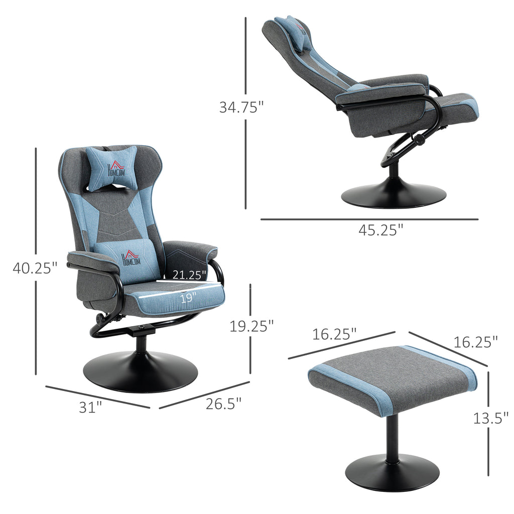 Recliner Chair with Ottoman, Video Gaming Chair, Racing Style Upholstered Swivel Recliner with Footrest, Headrest and Lumbar Support, Grey/Blue