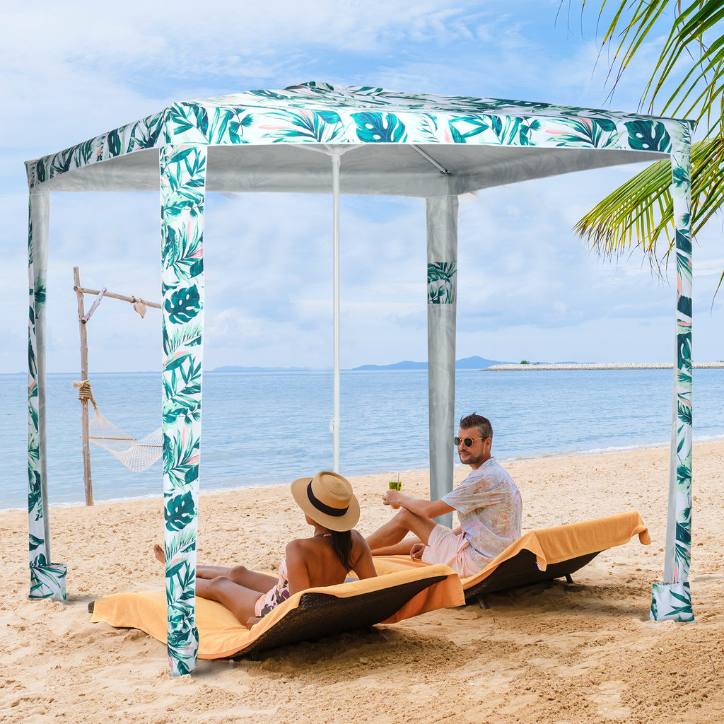 Quick Beach Cabana Canopy Umbrella, 8' Easy-Assembly Sun-Shade Shelter with Sandbags and Carry Bag, Cool UV50+ Fits Kids & Family, Green Coconut Palm