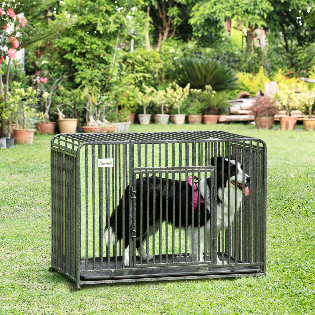 43" Heavy Duty Dog Cage, Foldable Steel Crate Kennel with Removable Tray, Double Doors, 4 Lockable Wheels for Medium & Large Dogs, Dark Silver