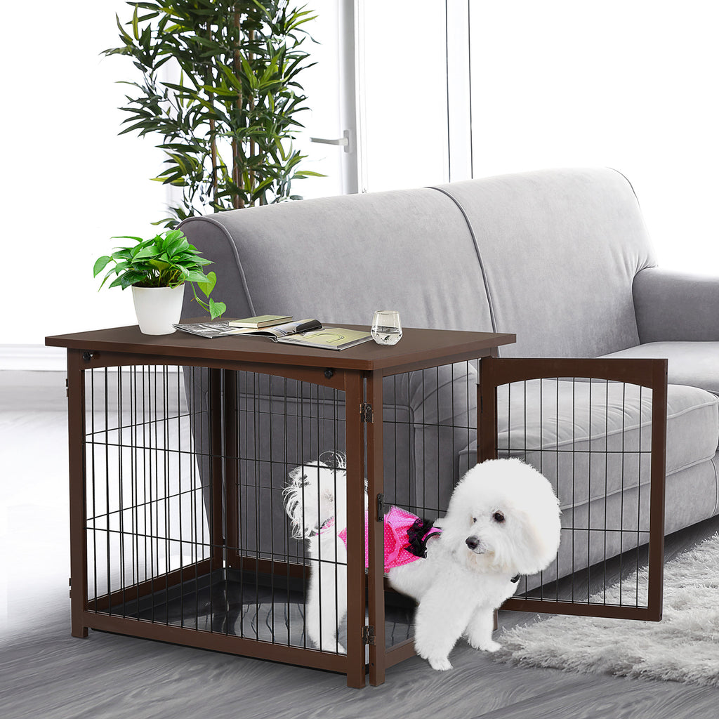 Wooden Decorative Dog Cage Pet Crate with Fence Side Table Small Animal House and Tabletop, Brown