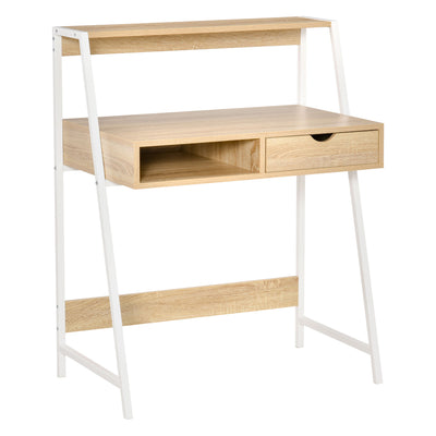 Computer Desk for Small Spaces, Study Writing Desk, Small Corner Desk with Drawer and Storage Shelves, Space Saving & Easy Assemble, Natural