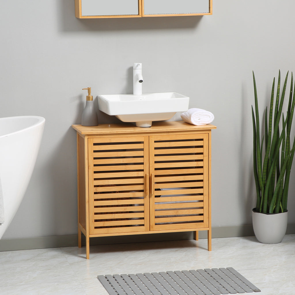 Freestanding Bathroom Sink Cabinet, Bamboo Under Sink Cabinet Cupboard Organizer with 2 Slatted Doors, Natural