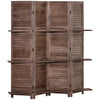 4 Panel Folding Room Divider, 5.5ft Freestanding Paulownia Wood Wall Divider Panel with Storage Shelves for Bedroom or Office, Walnut Wood