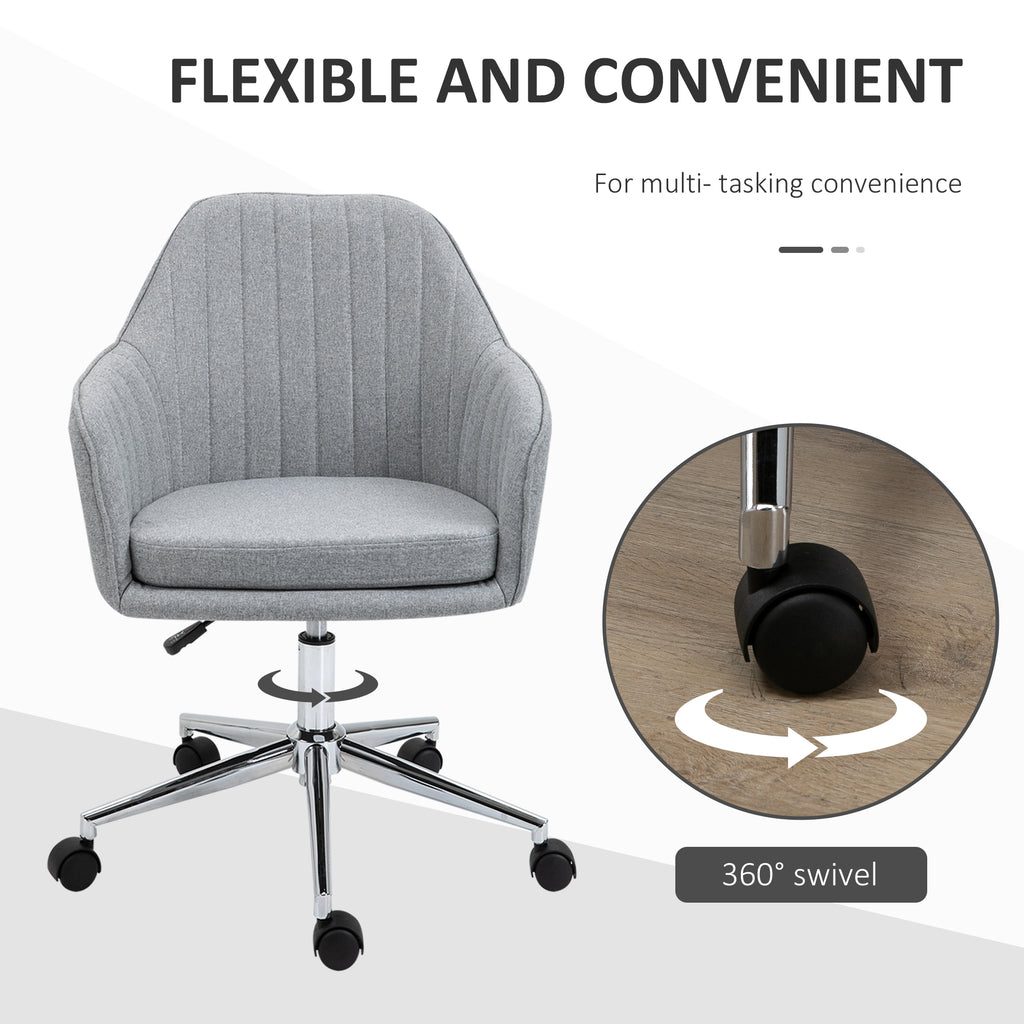 Leisure Office Chair Linen Fabric Swivel Scallop Shape Computer Desk Chair Home Study Bedroom with Wheels  Light Grey