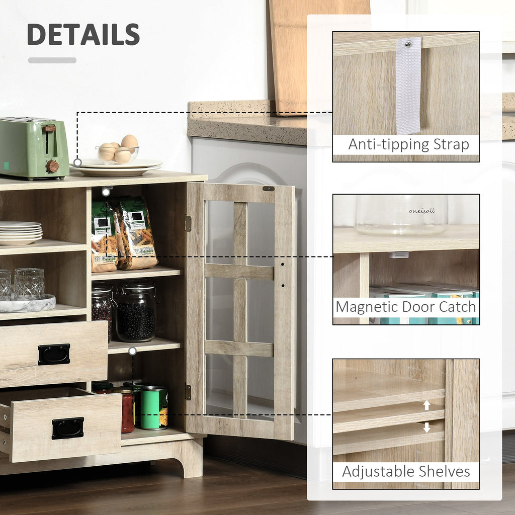 Kitchen Sideboard, Glass Door Buffet Cabinet, Server Cupboard with Storage Drawers & Adjustable Shelves for Living Room, White Oak
