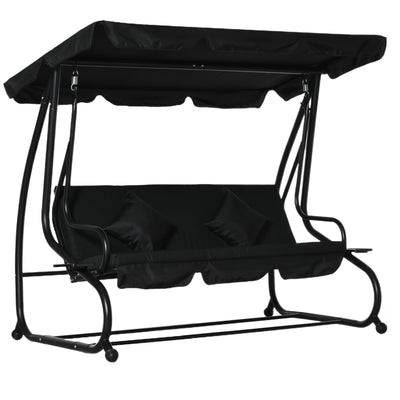 3 Seat Outdoor Free Standing Swing Bench Porch Swing with Stand, Comfortable Cushioned Fabric & Included Canopy, Black