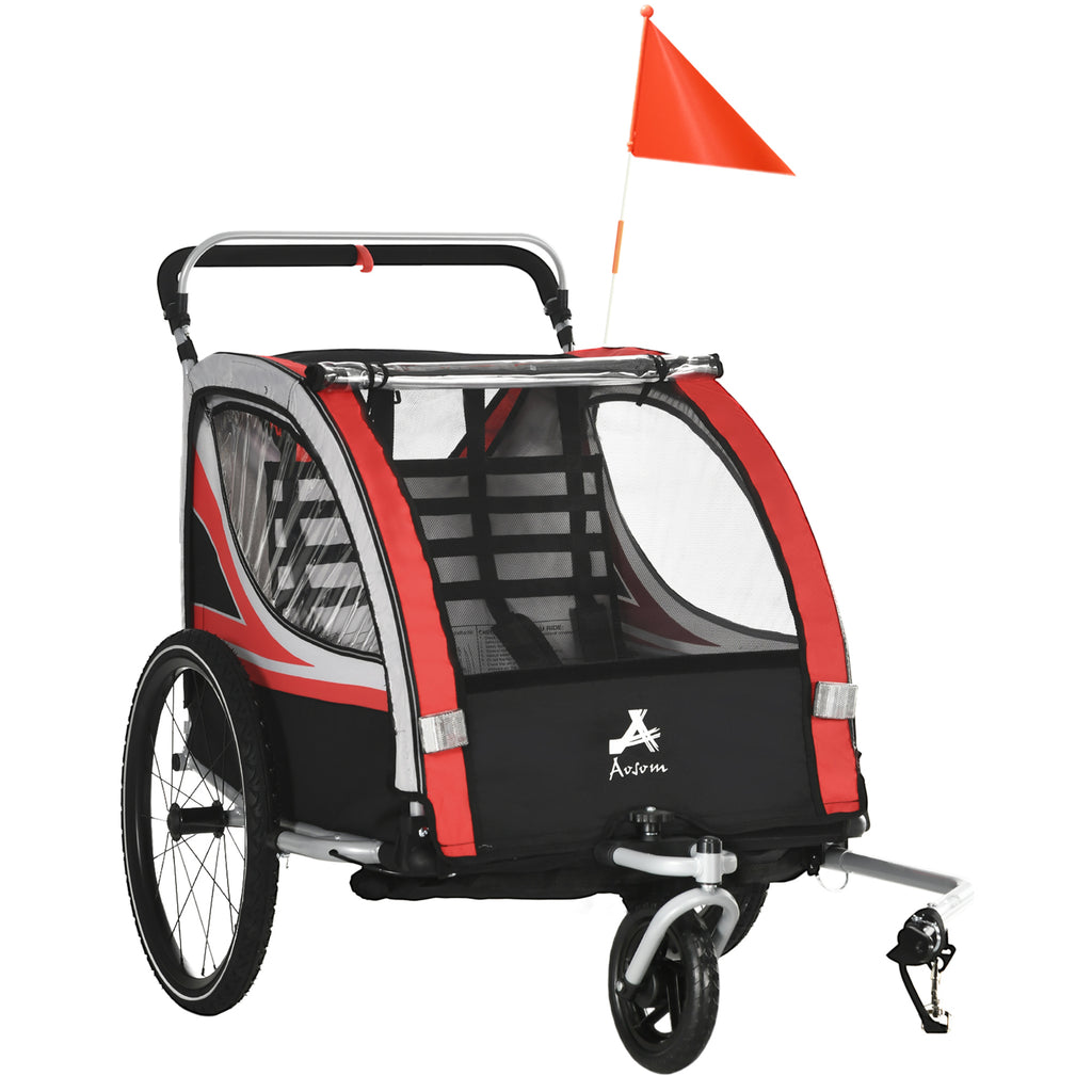 Red 2-in-1 Child Bike Trailer, Baby Stroller with Brake, Storage Bag, Safety Flag, Reflectors & 5 Point Harness