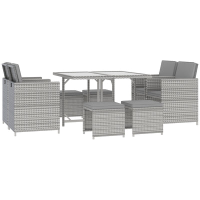 9 Pieces Patio Wicker Dining Sets, Outdoor Sectional Conversation Set, with Dining Table, Ottoman and Chair & Cushioned for Lawn, Dark Grey