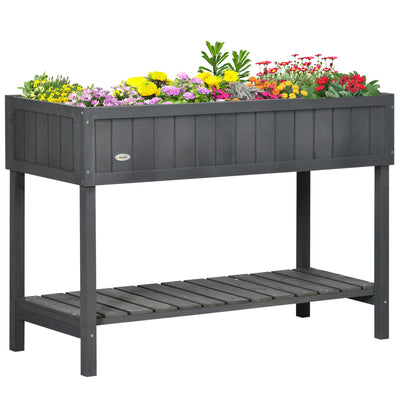 Wooden Raised Garden Bed, Elevated Planter Box Stand with 8 Slots and Open Shelf, Dark Grey