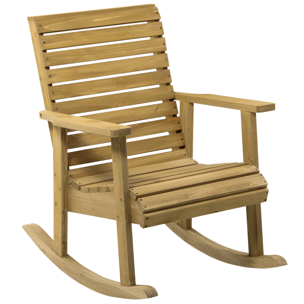 Wooden Outdoor Rocking Chairs, Patio Traditional Rocking Chair, Slatted Structure Porch Rocker w/ Armrest for Both Outdoor and Indoor, Light Brown