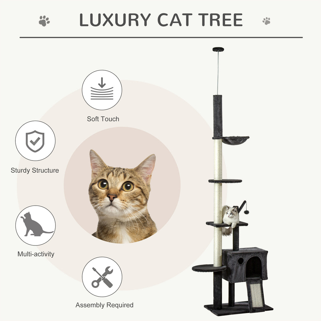 110" Huge Cat Tree Floor-to-Ceiling Cat Climbing Toy with Scratching Post Board Hammock Hanging Ball Rest Pet Furniture Dark Grey