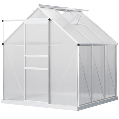 6' x 6' Aluminum Greenhouse, Polycarbonate Walk-in Greenhouse Kit with Adjustable Roof Vent, Rain Gutter and Sliding Door, Silver
