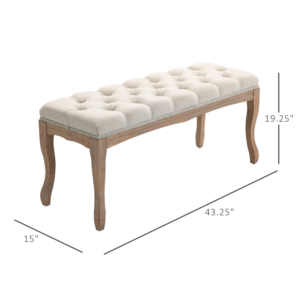 43" Upholstered Entryway Bench, Linen Fabric Ottoman Stool with Button Tufted Seat, and Rubber Wood Legs for Living Room, Bedroom, Beige