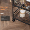 24" 3-Tier Rolling Kitchen Cart, Utility Storage Trolley with 2 Basket Drawers, Side Hooks for Dining Room, Brown
