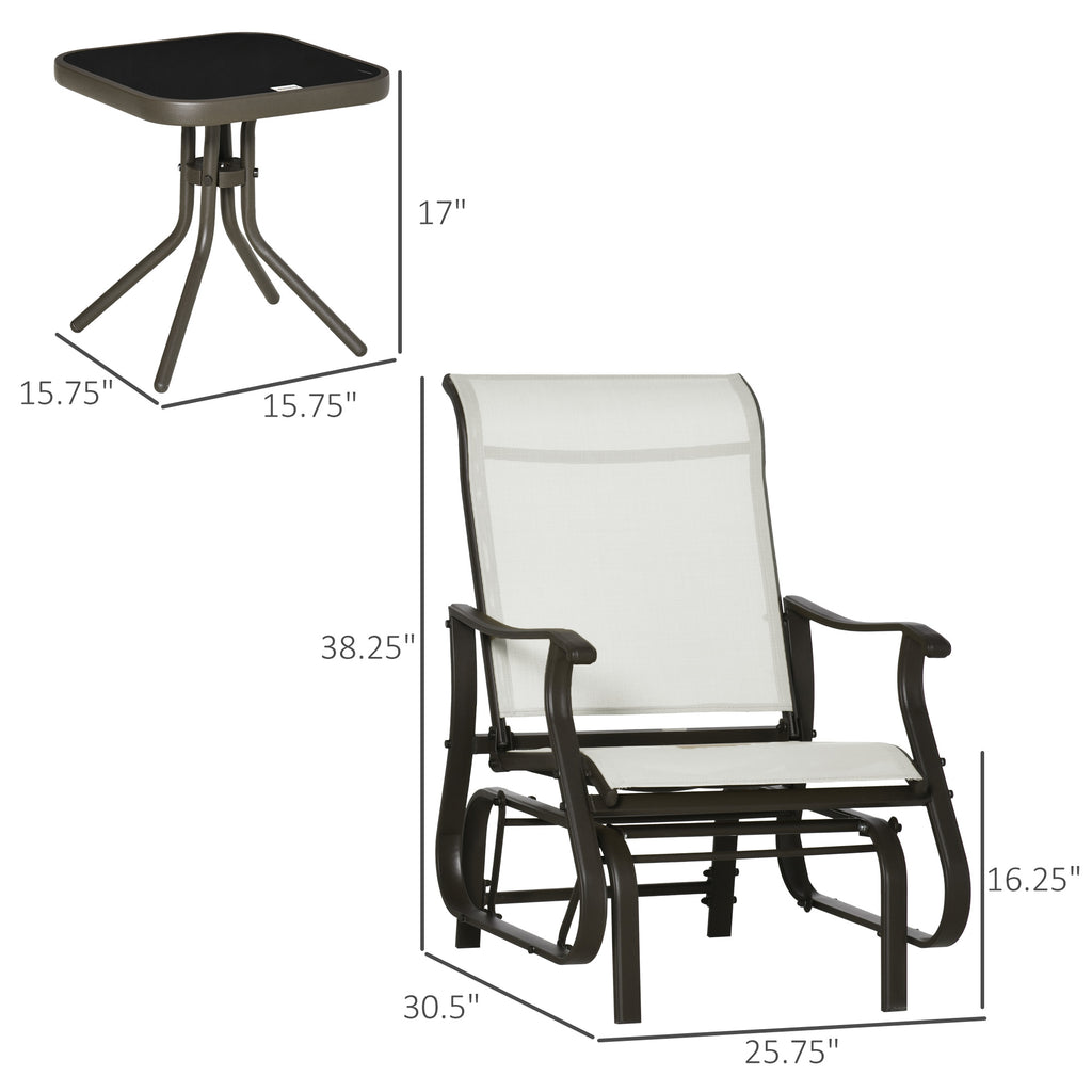 3-Piece Gliding Chair & Tea Table Set, Outdoor 2 Rocker Seats with Steel Frame, Tempered Glass Tabletop, Garden Patio Furniture, Cream White