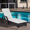 Patio Wicker Chaise Lounge, PE Rattan Outdoor Lounge Chair with Cushion, Height Adjustable Backrest & Wheels, Dark Coffee