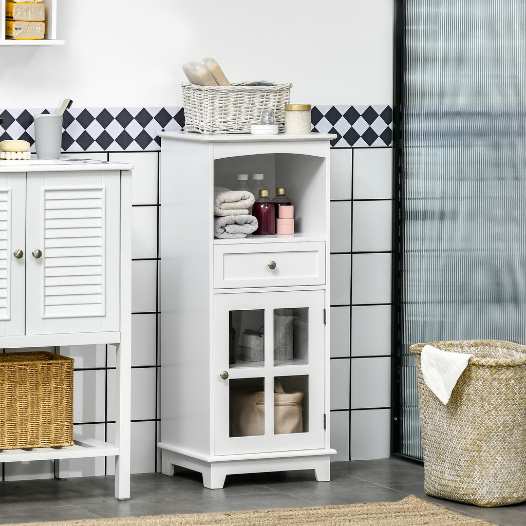Bathroom Floor Cabinet with Drawer, Glass Door Side Cabinet, Multifunctional Corner Unit with Adjustable Shelf for Living Room, White