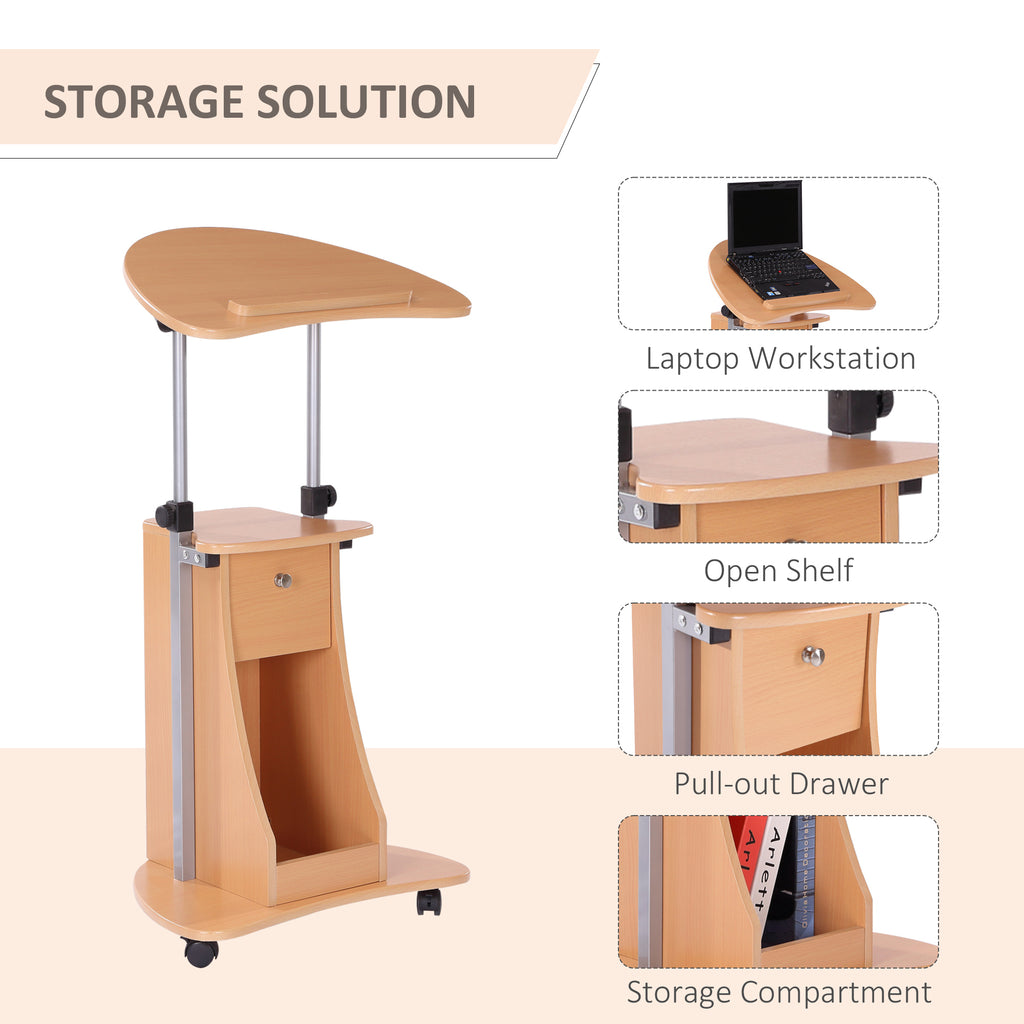 Mobile Laptop Cart,Sit-to-Stand Computer Desk with drawer, Height Adjustable Rolling Podium Desk Stand with Swivel Top & Storage, Beech Wood