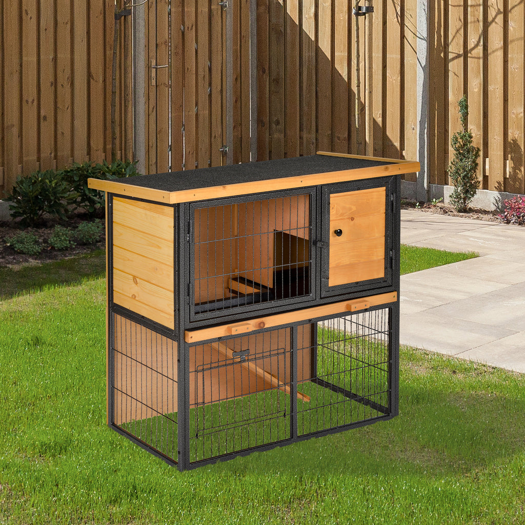 Wooden Rabbit Hutch Metal Frame Small Animal Habitat with No Leak Tray, Asphalt Openable Roof,Ramp and Lockable Door for Outdoor, Light Yellow