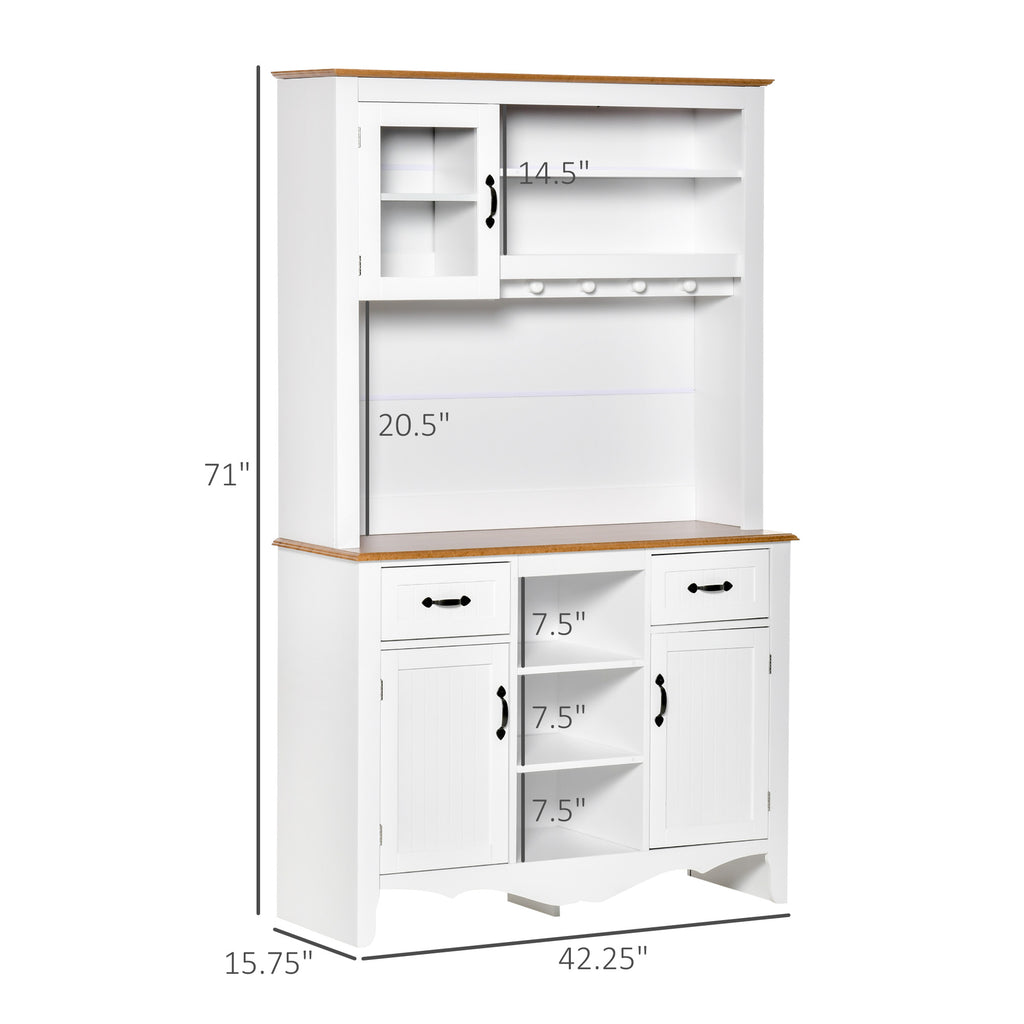 71" Kitchen Buffet with Hutch, Farmhouse Style Storage Pantry with 2 Drawers, 3 Door Cabinets and 3 Shelves, White